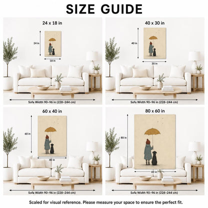 May include: A size guide for wall art featuring four room mockups with a print of a person and a dog under an umbrella. The sizes shown are 24x18 in, 40x30 in, 60x40 in, and 80x60 in. The text reads SIZE GUIDE and Scaled for visual reference.