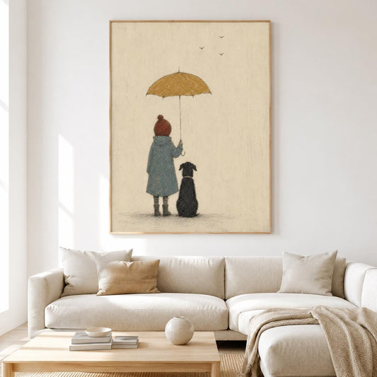 May include: A framed wall art print featuring a textured illustration of a figure in a blue coat and red hat standing under a yellow umbrella next to a black dog. The background is a neutral cream color with three small birds flying in the distance.
