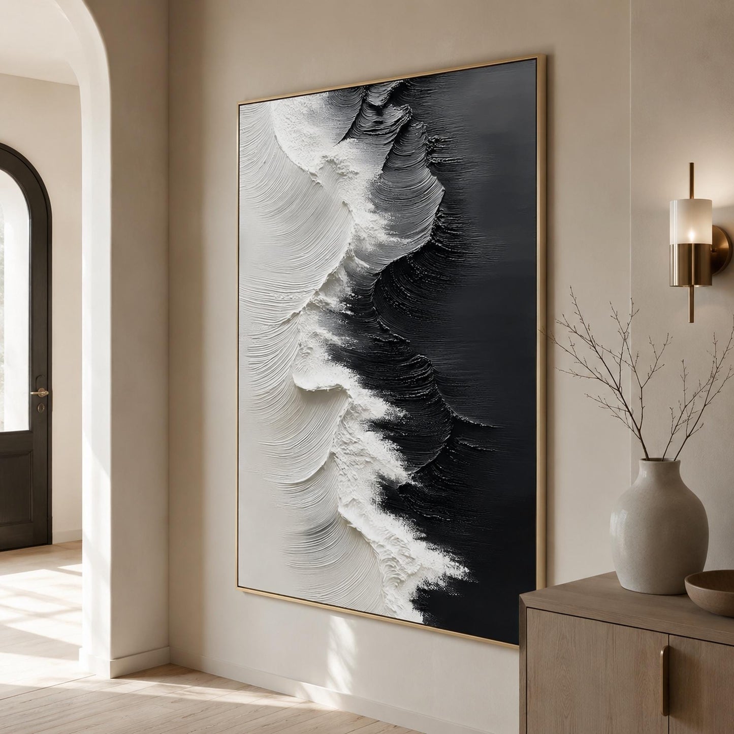 Textured Black and White Ocean Wave Abstract Oil Painting for Modern Coastal Wall Art – Black and White Ocean Wave Seascape W