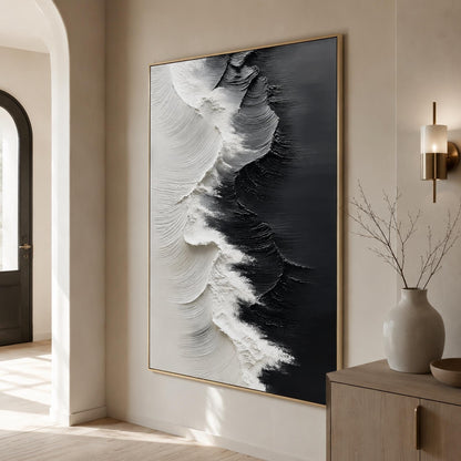 Textured Black and White Ocean Wave Abstract Oil Painting for Modern Coastal Wall Art – Black and White Ocean Wave Seascape W
