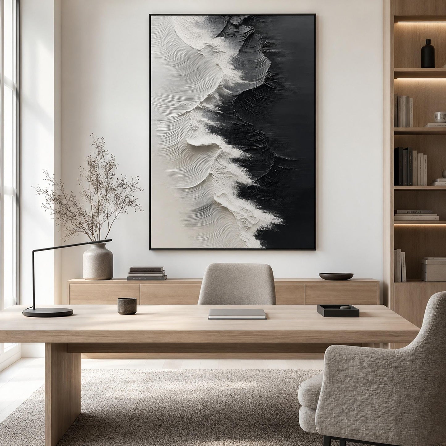 Textured Black and White Ocean Wave Abstract Oil Painting for Modern Coastal Wall Art – Black and White Ocean Wave Seascape W