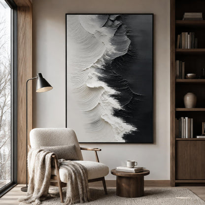Black and White Abstract Impasto Ocean Wave Seascape Wall Art