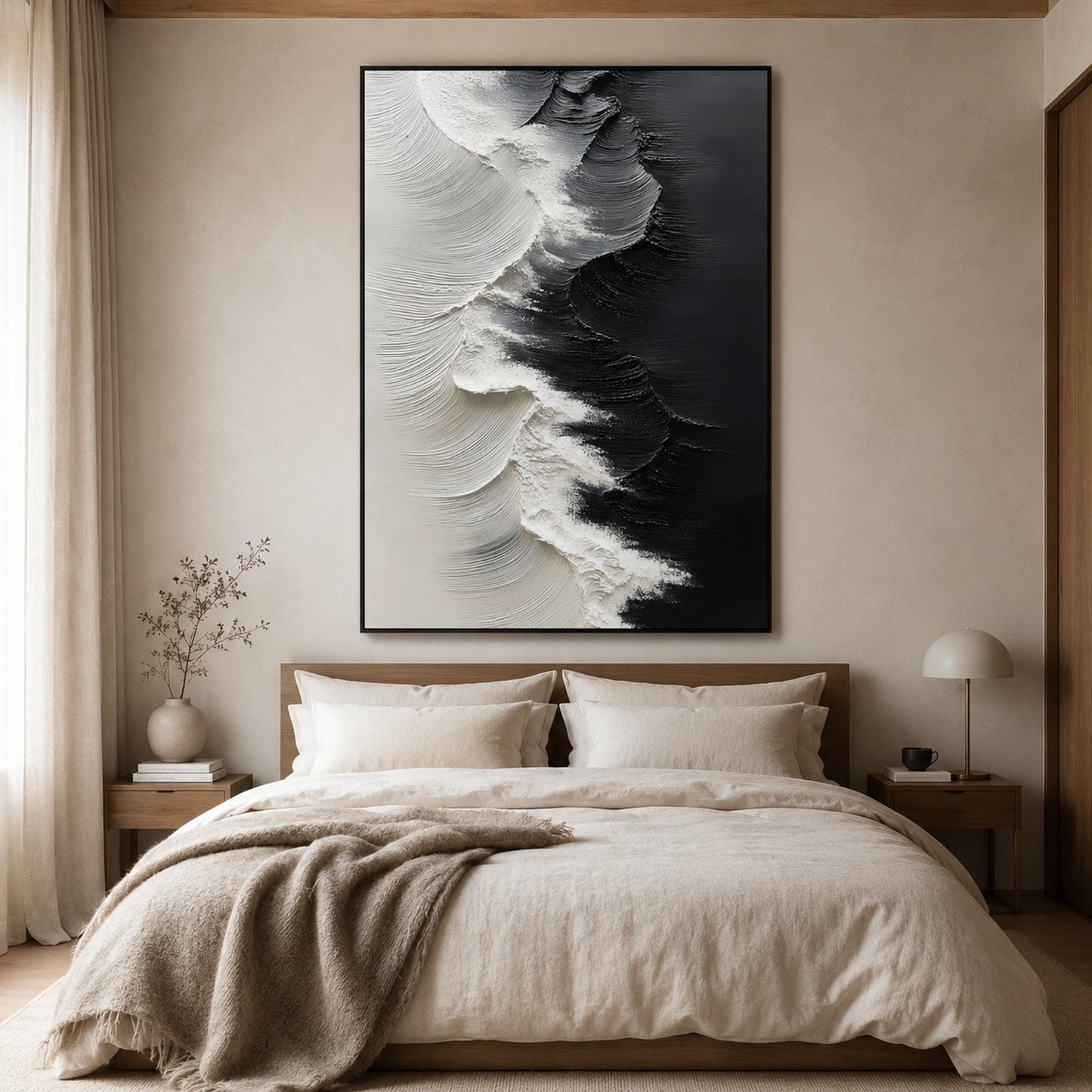 Textured Black and White Ocean Wave Abstract Oil Painting for Modern Coastal Wall Art – Black and White Ocean Wave Seascape W