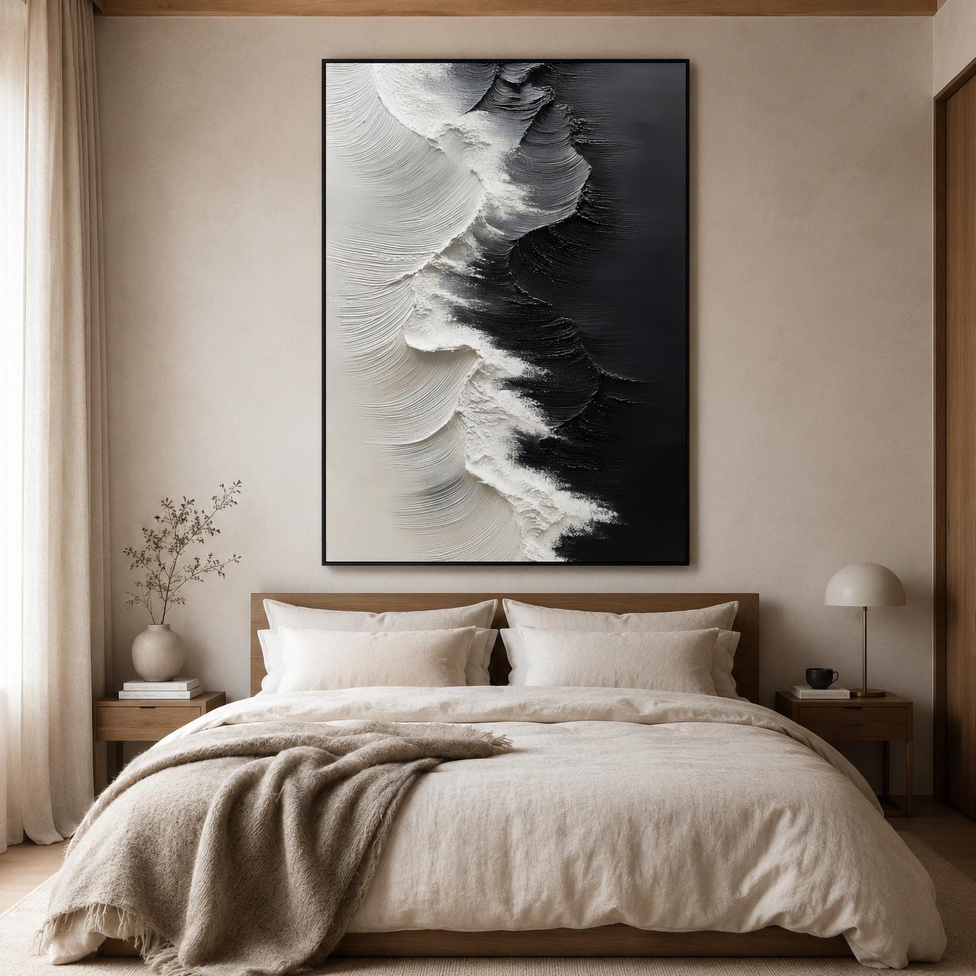 Textured Black and White Ocean Wave Abstract Oil Painting for Modern Coastal Wall Art – Black and White Ocean Wave Seascape W
