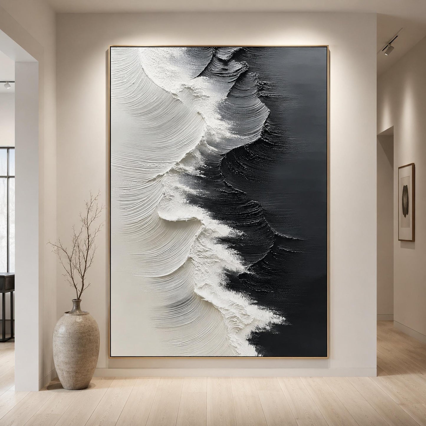 Textured Black and White Ocean Wave Abstract Oil Painting for Modern Coastal Wall Art – Black and White Ocean Wave Seascape W