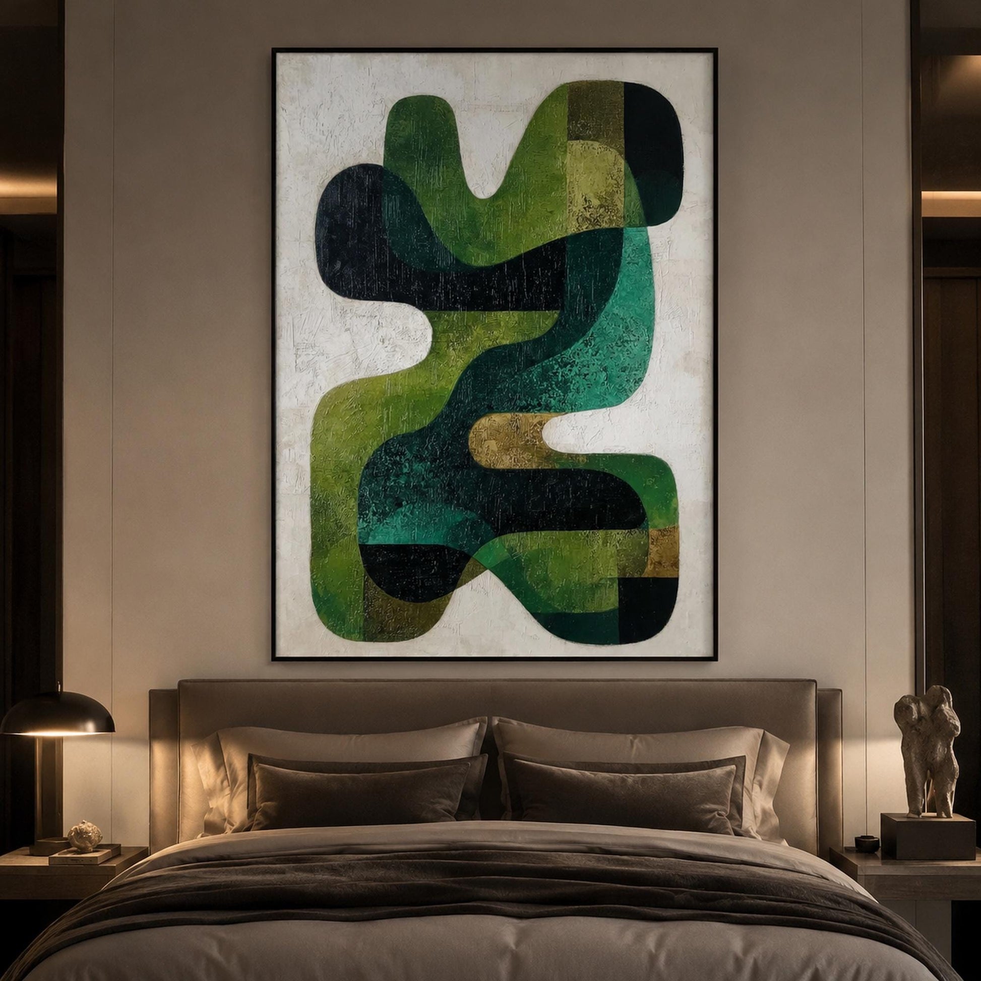 Mid Century Modern Green Geometric – Emerald and Sage Geometric Wall Art | Abstract Textured Hand-Painted Oil Painting, view 