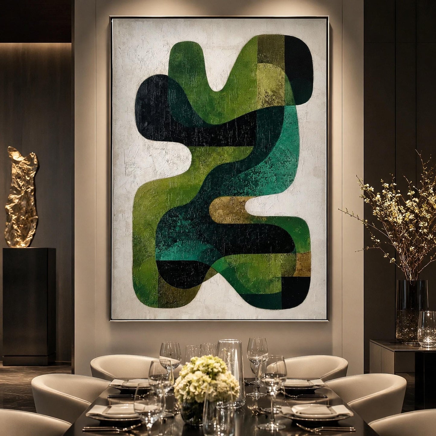 Mid Century Modern Green Geometric – Emerald and Sage Geometric Wall Art | Abstract Textured Hand-Painted Oil Painting, view 