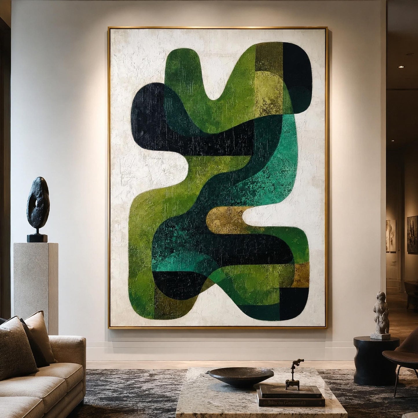Mid Century Modern Green Geometric – Emerald and Sage Geometric Wall Art | Abstract Textured Hand-Painted Oil Painting, view 