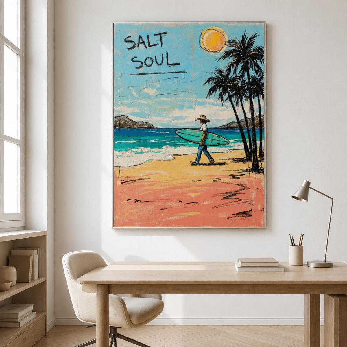 Surfer Beach Wall Art Coastal Canvas Painting for Living Room Beach House Seaside Decor