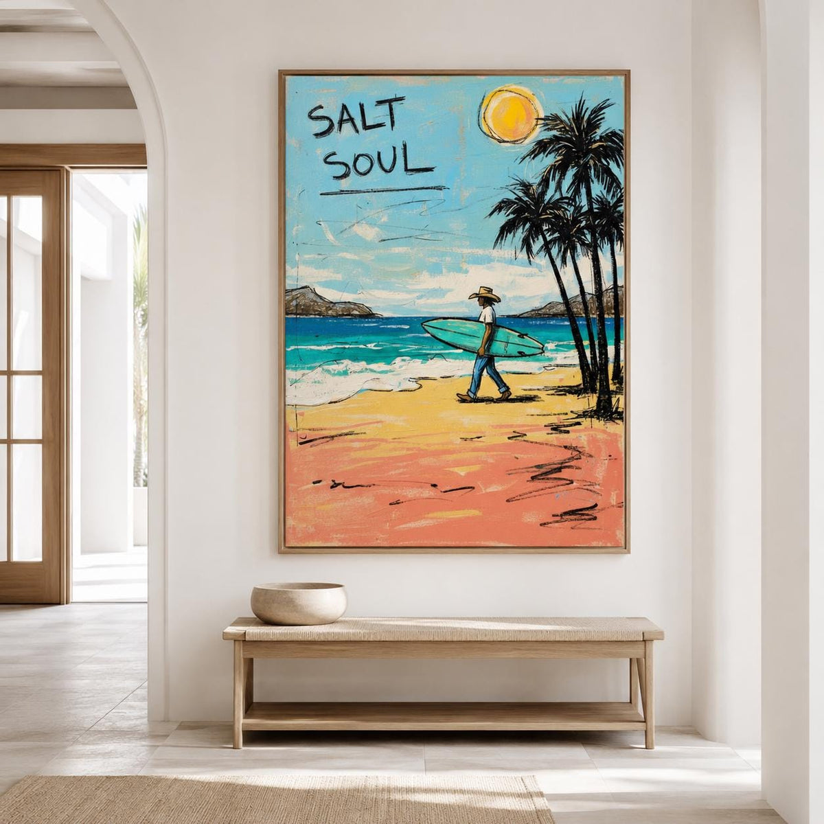 Surfer Beach Wall Art Coastal Canvas Painting for Living Room Beach House Seaside Decor