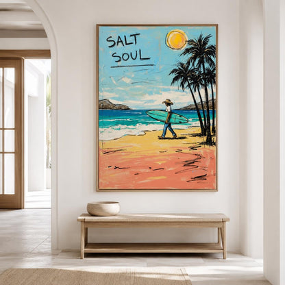 Surfer Beach Wall Art Coastal Canvas Painting for Living Room Beach House Seaside Decor