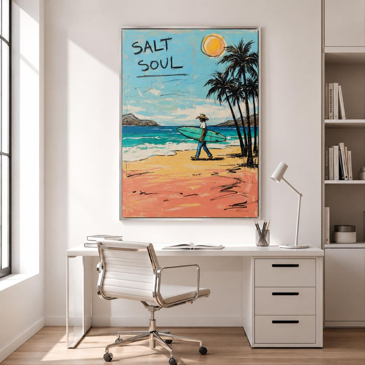 Surfer Beach Wall Art Coastal Canvas Painting for Living Room Beach House Seaside Decor