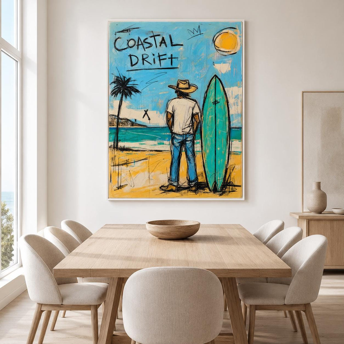 Coastal Drift Surfer Wall Art Blue Coastal Canvas Painting for Beach House Decor