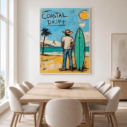 Coastal Drift Surfer Wall Art Blue Coastal Canvas Painting for Beach House Decor