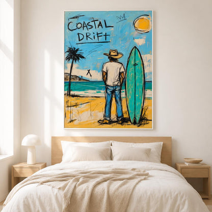 Coastal Drift Surfer Wall Art Blue Coastal Canvas Painting for Beach House Decor