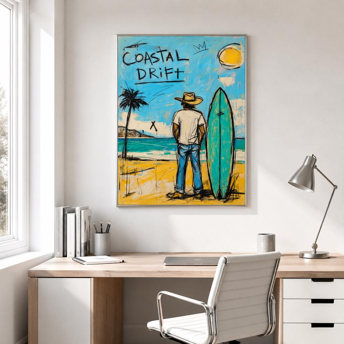 Coastal Drift Surfer Wall Art Blue Coastal Canvas Painting for Beach House Decor