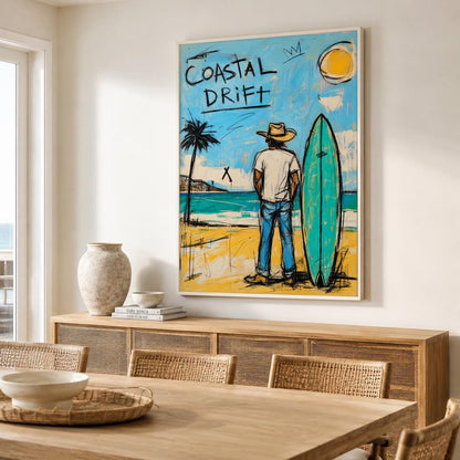 Coastal Drift Surfer Wall Art Blue Coastal Canvas Painting for Beach House Decor