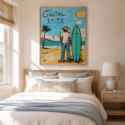 Coastal Drift Surfer Wall Art Blue Coastal Canvas Painting for Beach House Decor