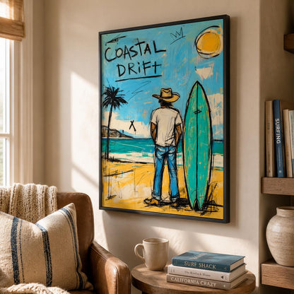 Coastal Drift Surfer Wall Art Blue Coastal Canvas Painting for Beach House Decor