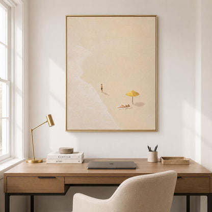 Beach Umbrella Wall Art Neutral Minimalist Coastal Canvas Painting for Modern Living Room Decor