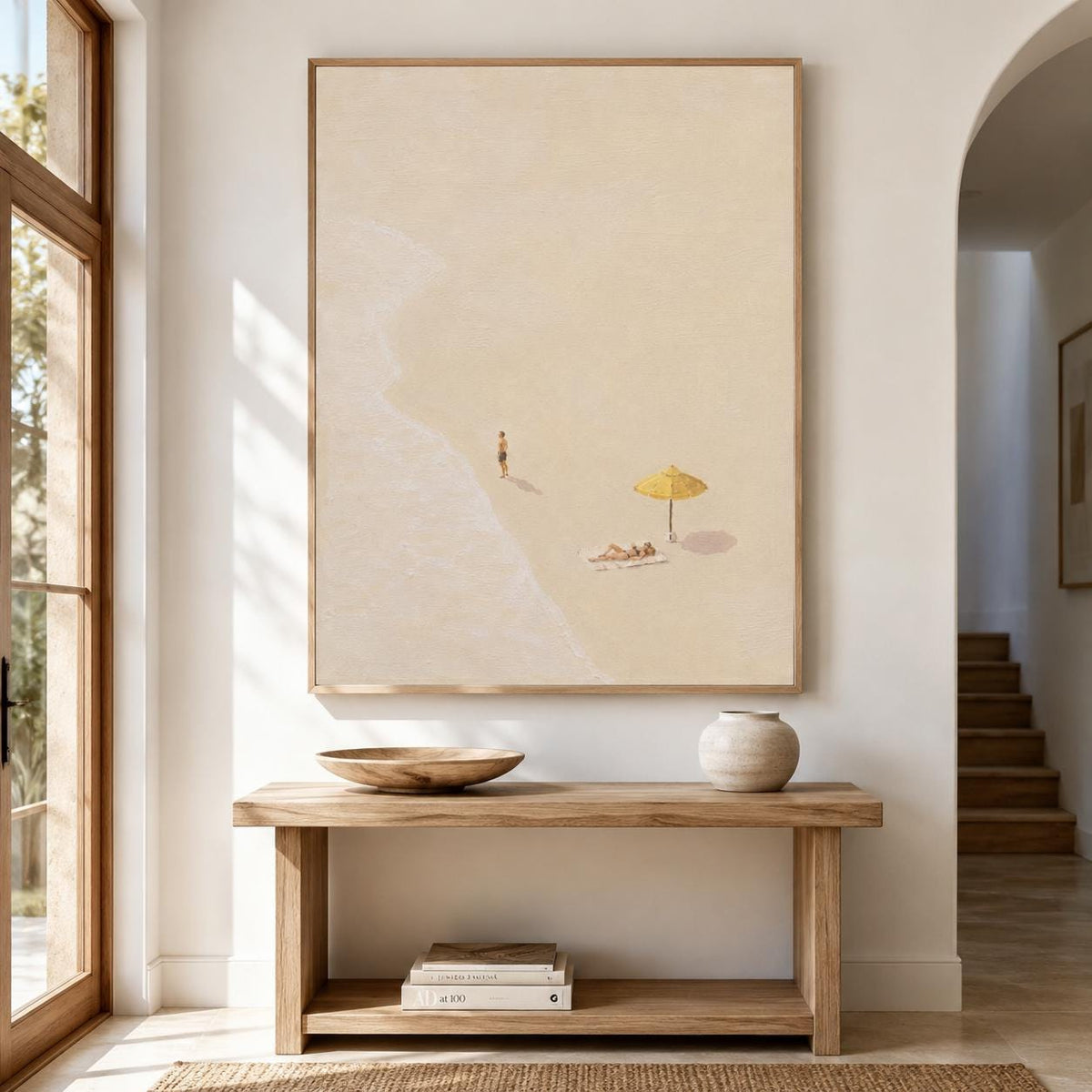 Beach Umbrella Wall Art Neutral Minimalist Coastal Canvas Painting for Modern Living Room Decor