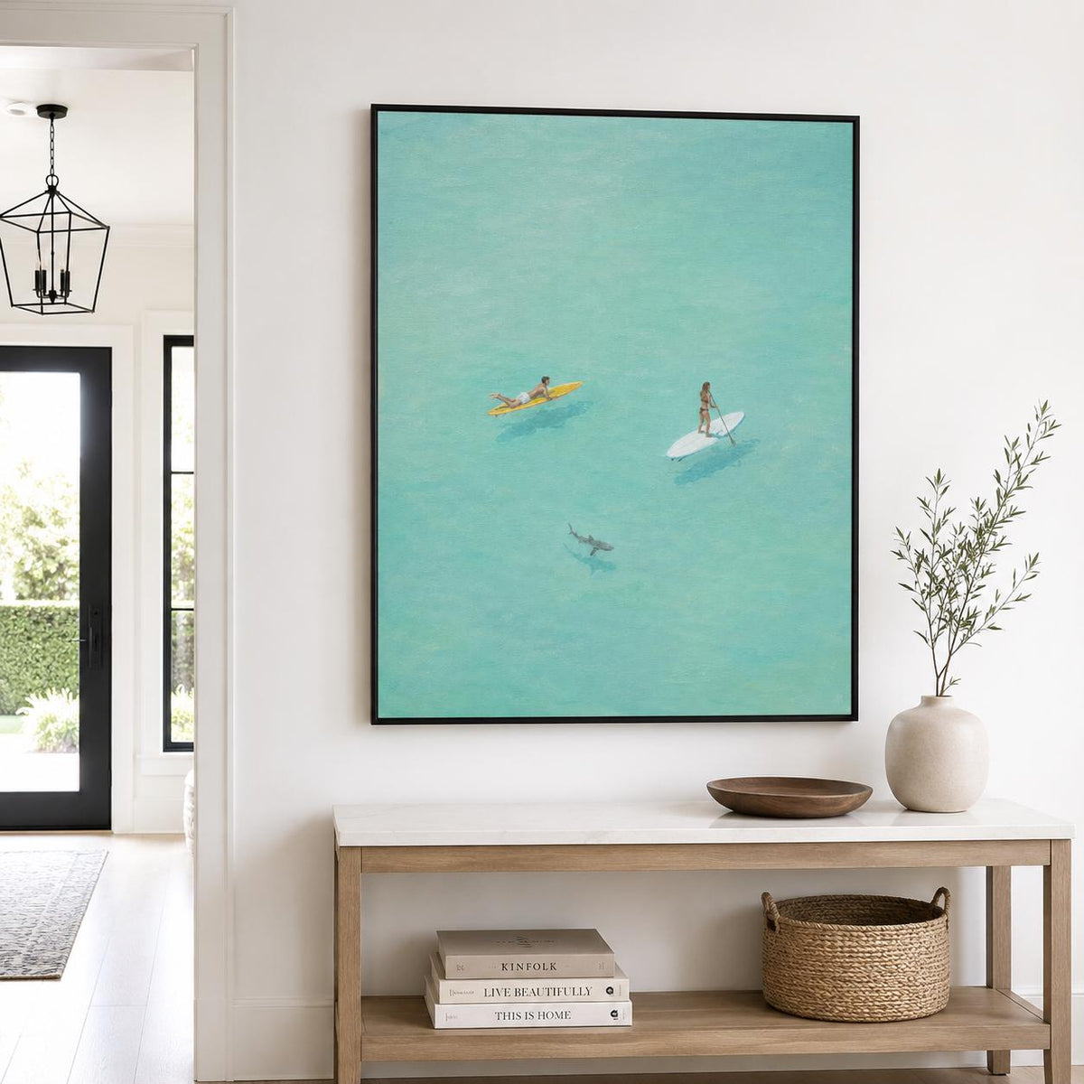 Paddle Board Wall Art Turquoise Ocean Surfer Canvas Painting for Modern Living Room Decor