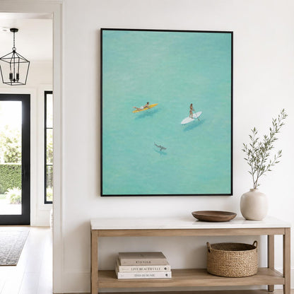 Paddle Board Wall Art Turquoise Ocean Surfer Canvas Painting for Modern Living Room Decor