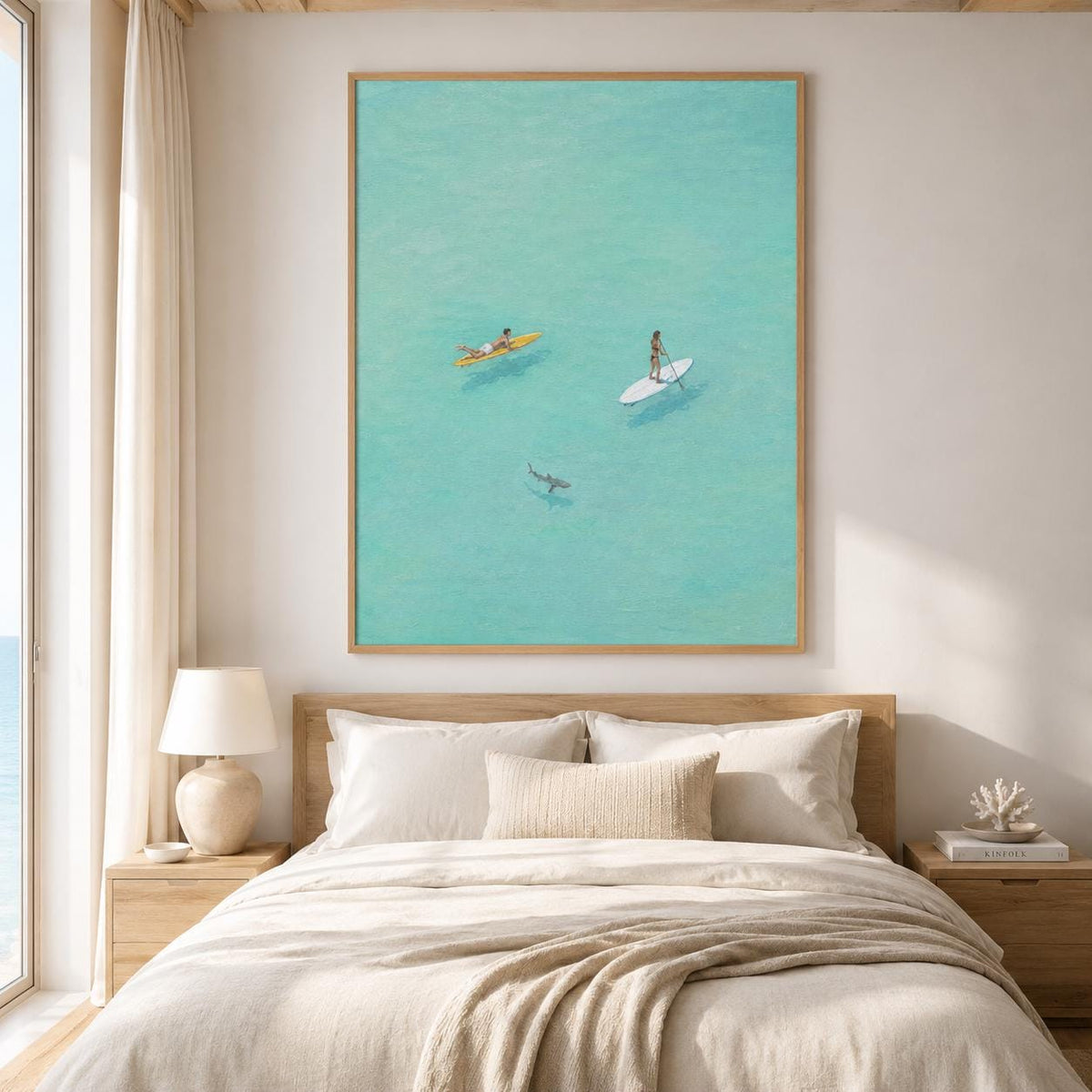 Paddle Board Wall Art Turquoise Ocean Surfer Canvas Painting for Modern Living Room Decor