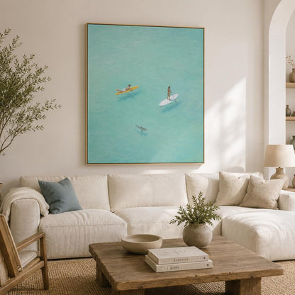 Paddle Board Wall Art Turquoise Ocean Surfer Canvas Painting for Modern Living Room Decor