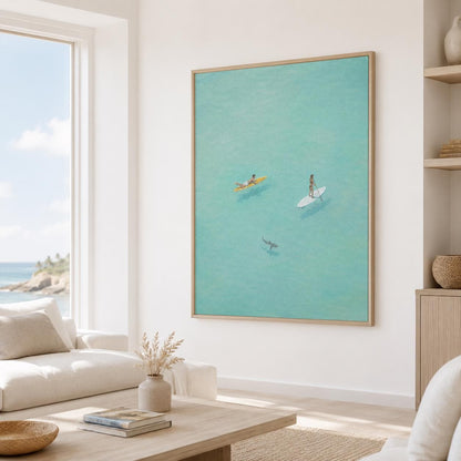 Paddle Board Wall Art Turquoise Ocean Surfer Canvas Painting for Modern Living Room Decor