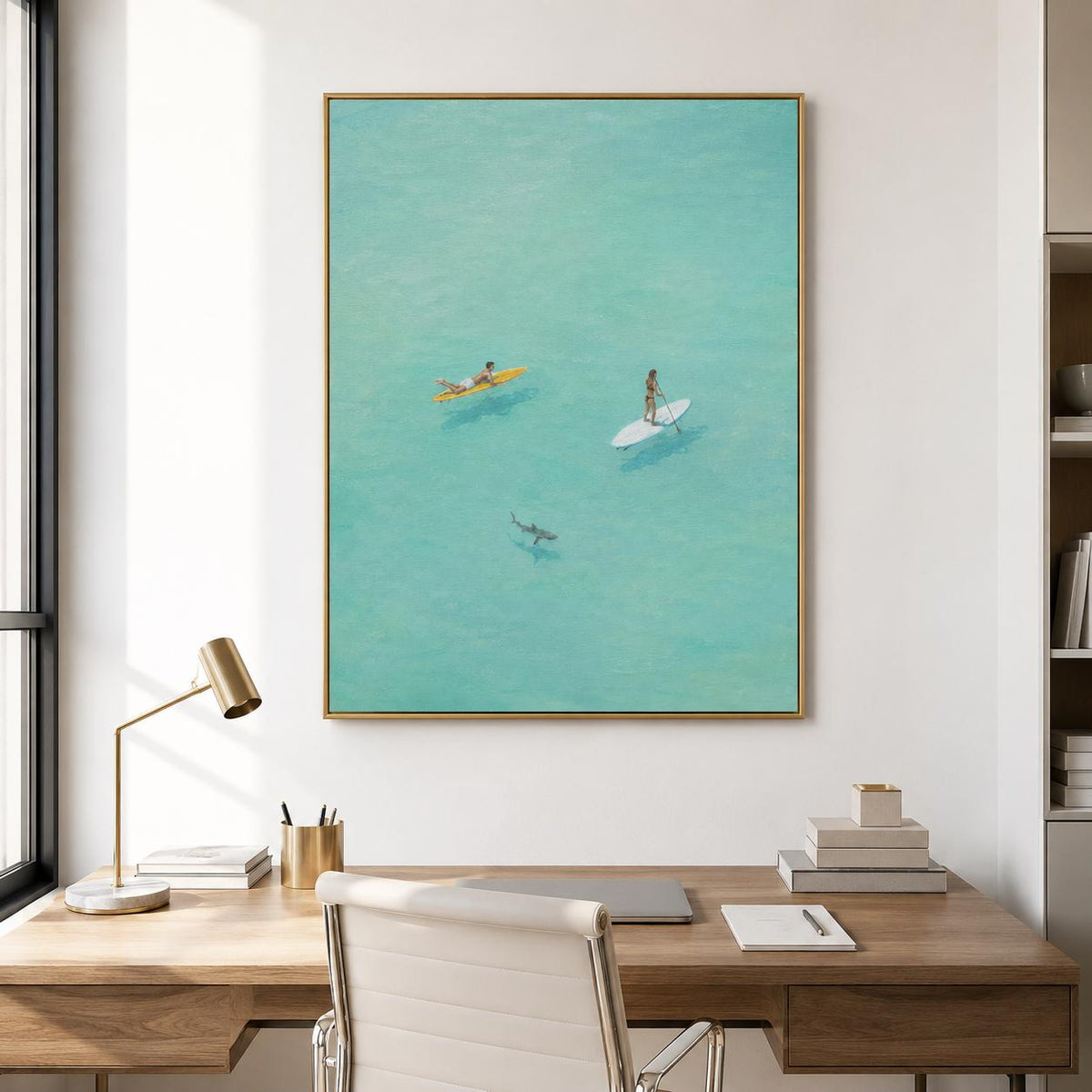 Paddle Board Wall Art Turquoise Ocean Surfer Canvas Painting for Modern Living Room Decor