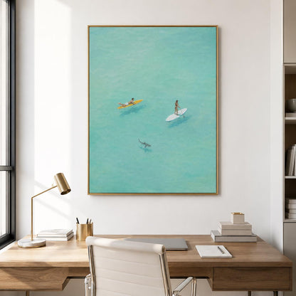 Paddle Board Wall Art Turquoise Ocean Surfer Canvas Painting for Modern Living Room Decor