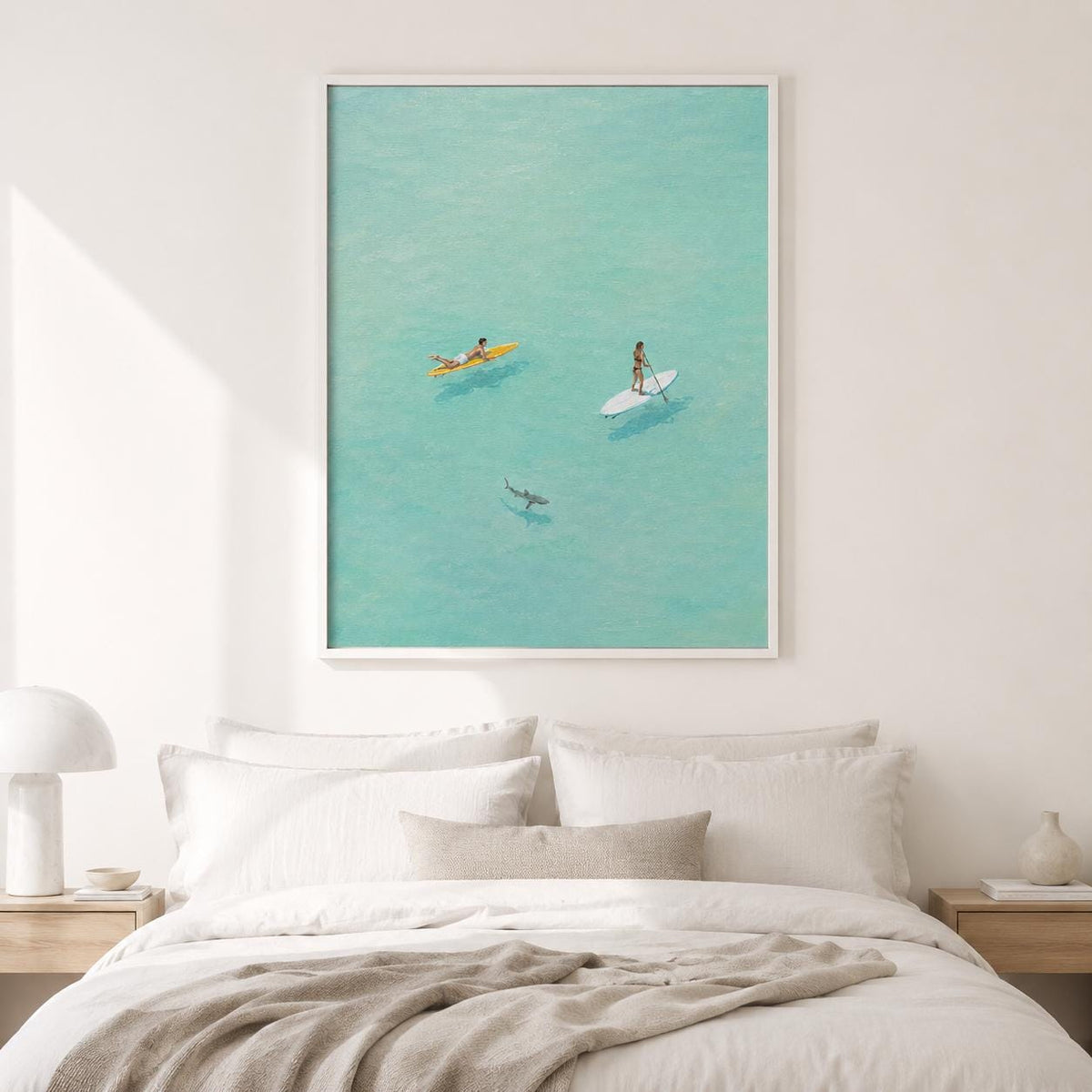 Paddle Board Wall Art Turquoise Ocean Surfer Canvas Painting for Modern Living Room Decor