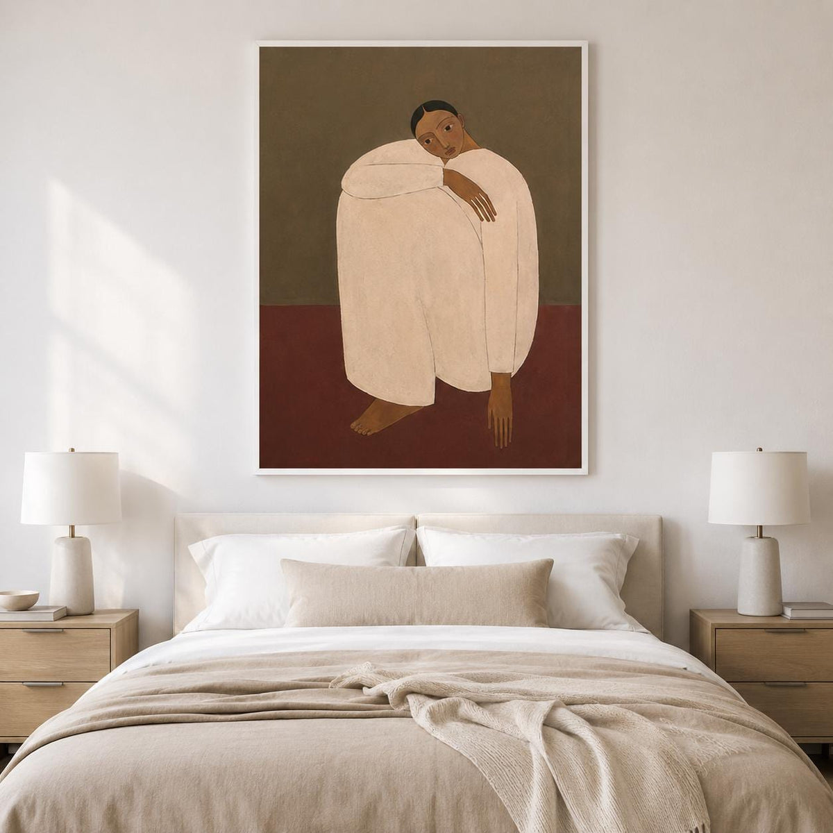 Woman Portrait Wall Art Brown Minimalist Figurative Canvas Painting for Modern Bedroom Decor