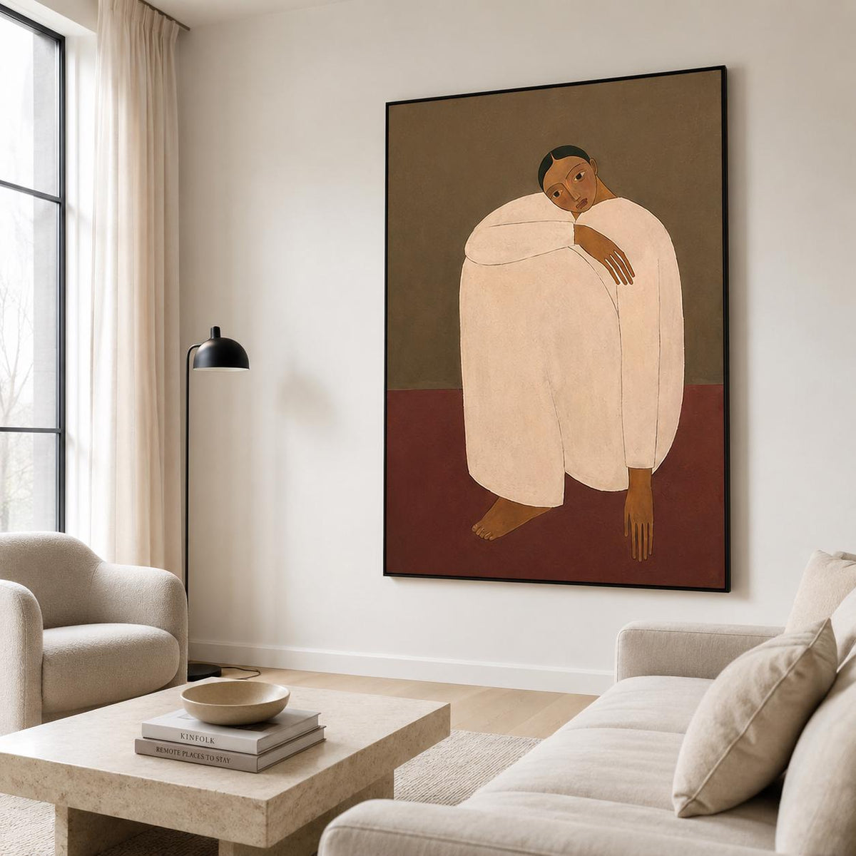 Woman Portrait Wall Art Brown Minimalist Figurative Canvas Painting for Modern Bedroom Decor