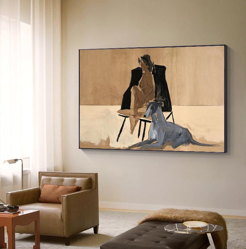 May include: A rectangular wall art piece featuring a painting of a seated figure in a black garment on a chair, with a grey dog lying on the floor in the foreground. The artwork uses a neutral color palette of beige, tan, black, and grey tones.