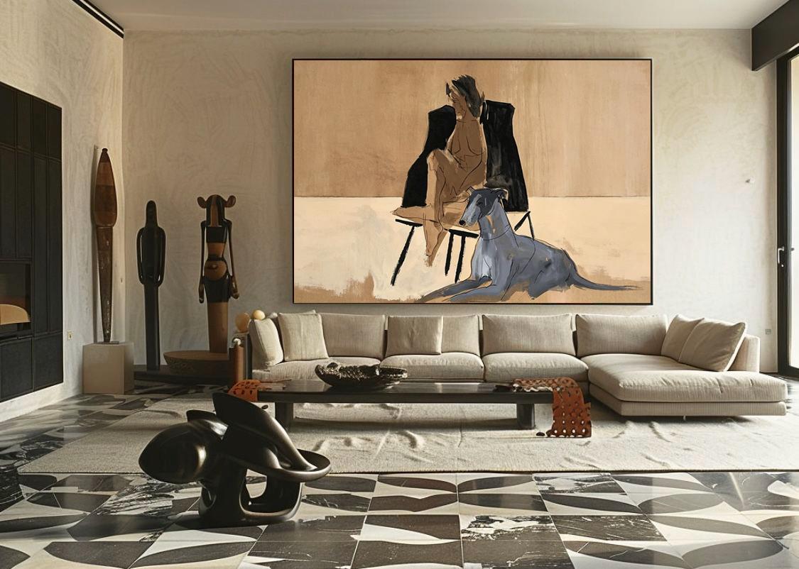May include: A large rectangular wall art print featuring a stylized painting of a seated figure in a black jacket and a grey dog resting on the floor. The artwork uses a neutral color palette of beige, black, and grey tones with visible brushstrokes.
