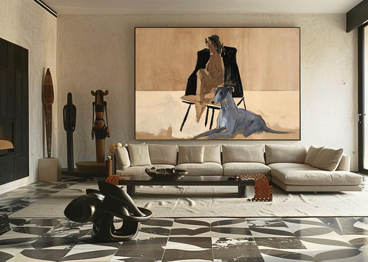 May include: A large rectangular wall art print featuring a stylized painting of a seated figure in a black jacket and a grey dog resting on the floor. The artwork uses a neutral color palette of beige, black, and grey tones with visible brushstrokes.