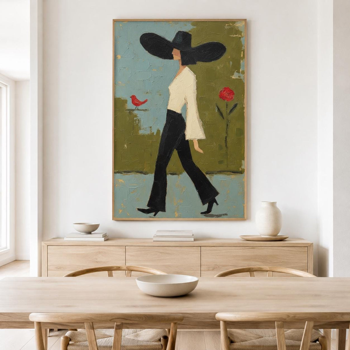 Walking Woman Wall Art Green Modern Figurative Canvas Painting for Stylish Bedroom Home Decor