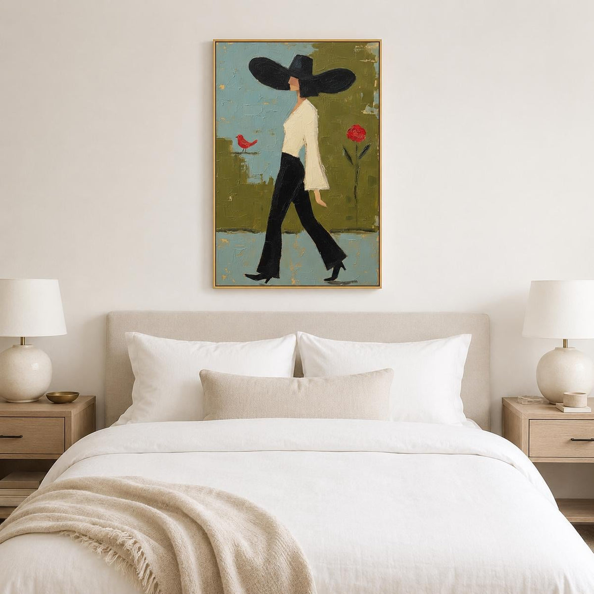 Walking Woman Wall Art Green Modern Figurative Canvas Painting for Stylish Bedroom Home Decor