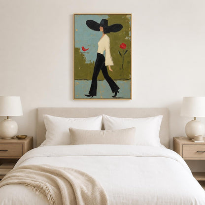 Walking Woman Wall Art Green Modern Figurative Canvas Painting for Stylish Bedroom Home Decor