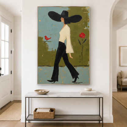 Walking Woman Wall Art Green Modern Figurative Canvas Painting for Stylish Bedroom Home Decor