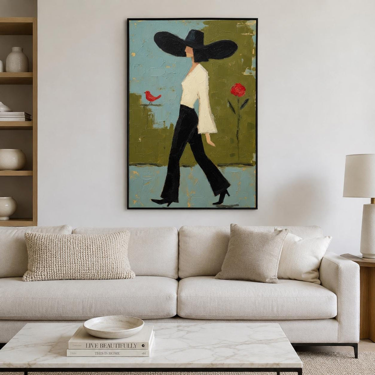 Walking Woman Wall Art Green Modern Figurative Canvas Painting for Stylish Bedroom Home Decor