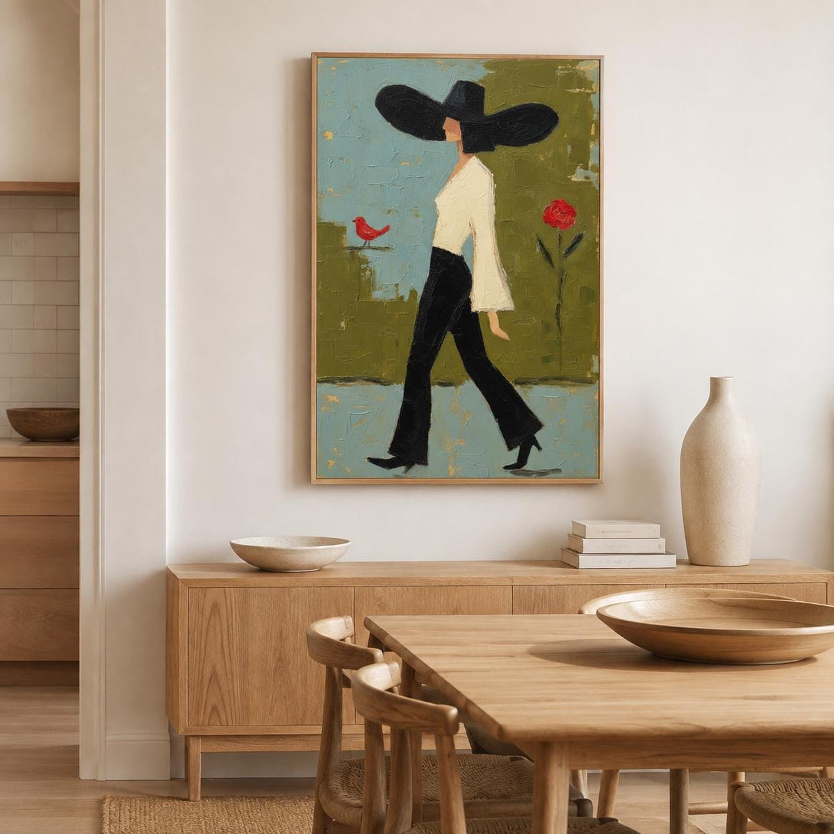 Walking Woman Wall Art Green Modern Figurative Canvas Painting for Stylish Bedroom Home Decor