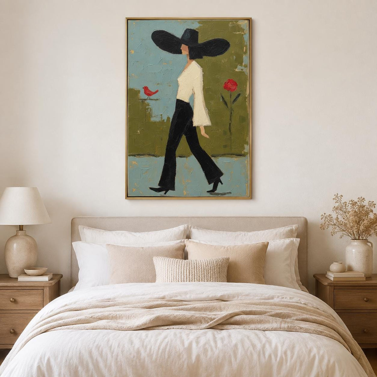 Walking Woman Wall Art Green Modern Figurative Canvas Painting for Stylish Bedroom Home Decor