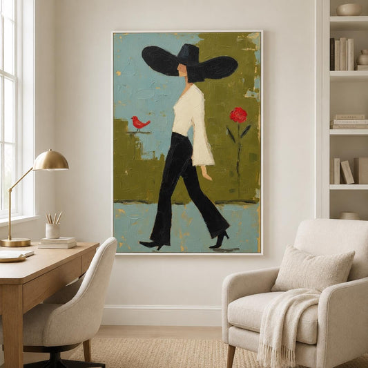 Walking Woman Wall Art Green Modern Figurative Canvas Painting for Stylish Bedroom Home Decor