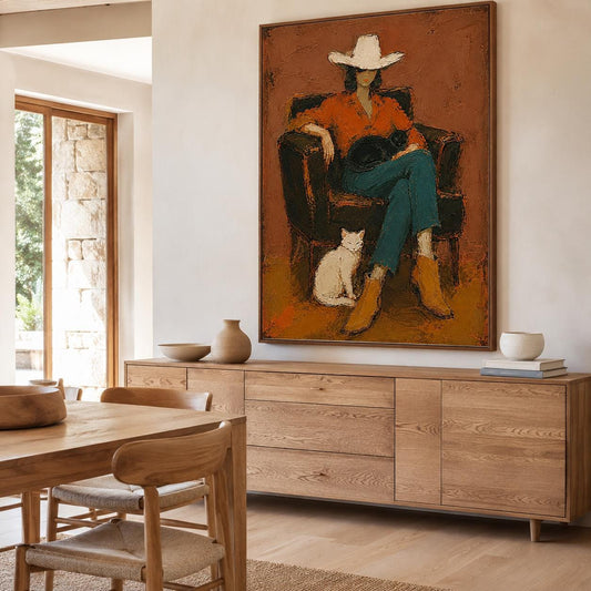 Cowgirl Cat Wall Art Western Figurative Canvas Painting for Living Room Rustic Decor