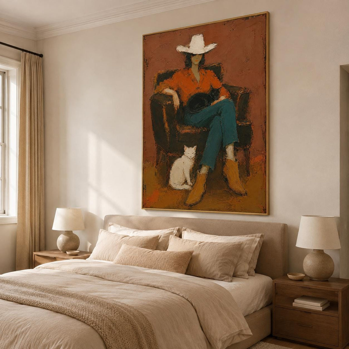 Cowgirl Cat Wall Art Western Figurative Canvas Painting for Living Room Rustic Decor
