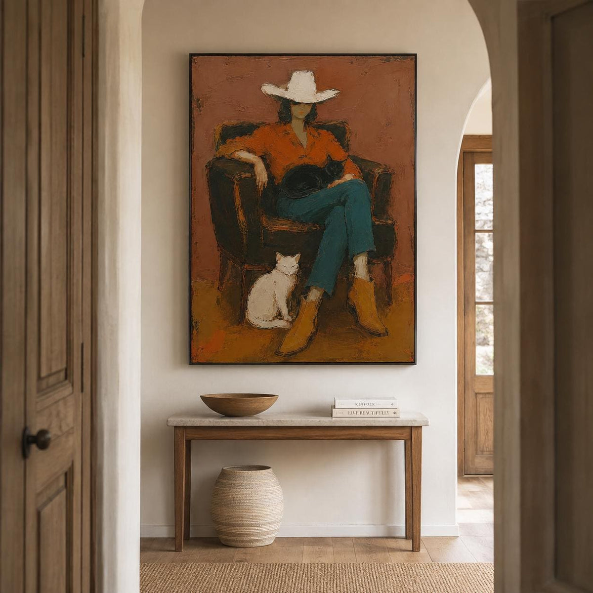 Cowgirl Cat Wall Art Western Figurative Canvas Painting for Living Room Rustic Decor