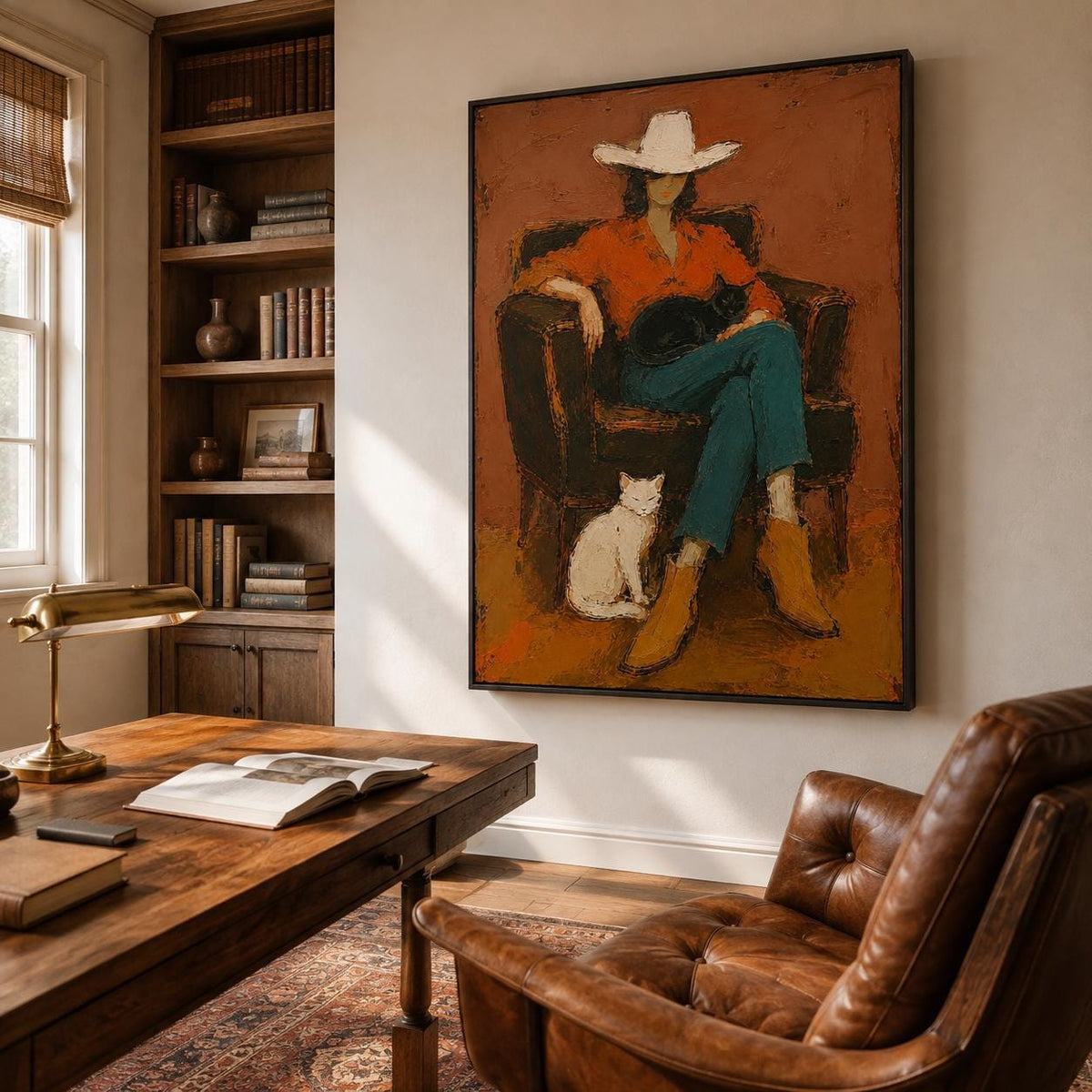 Cowgirl Cat Wall Art Western Figurative Canvas Painting for Living Room Rustic Decor